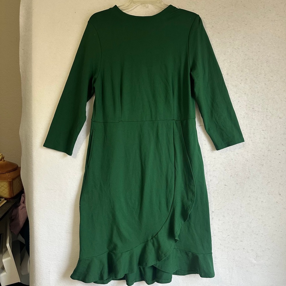 J. Jill Green Ponte Knit Ruffle Hem Faux Wrap Dress 3/4 Sleeve Size M